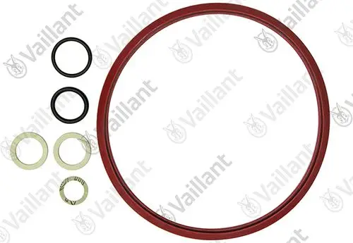 Dichtungen und O-Ringe in verschiedenen Größen von Vaillant, inklusive einer roten Dichtung und mehreren runden Dichtungen in Schwarz und Beige.